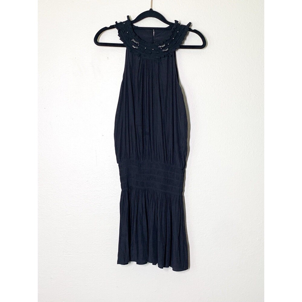 Ramy Brook Kendall Mini Dress S Black Shirred Drop Waist Embellished Metal Rings